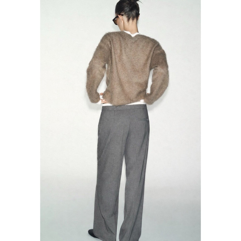 ZARA Trouser Wide Leg Pants Double Elastic Waist Drawstring Gray L Tailored - Picture 4 of 8